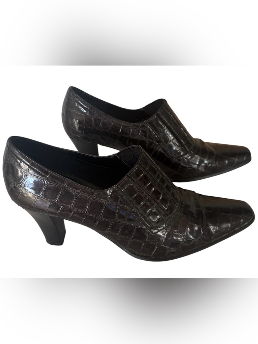 Impo Dark Brown Croc-Embossed Pointed Square toe Block Heel Pumps sz9